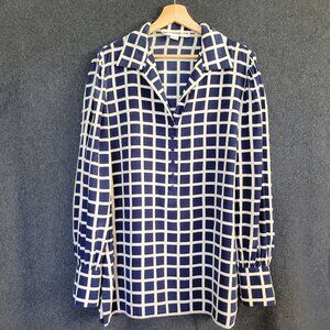 VTG Adele Simpson Size 16 100% Silk Geometric Long Sleeve 1/2 Button Down Blouse